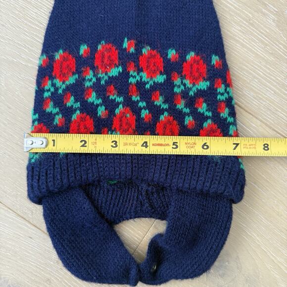 Vintage Baby Navy Blue Red Rose Print Knit Winter Elf Hat Size 0-6 Mo. - Picture 3 of 6